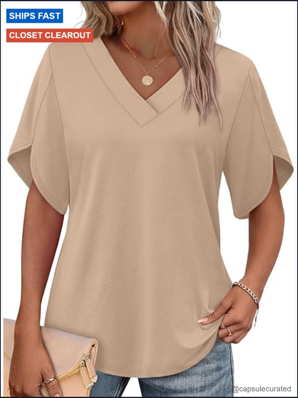 Short Petal Sleeve V-Neck T-Shirt Blouse Soft Lightweight